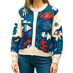 Vintage Orvis Fish and Coral Cardigan Sweater Grandmacore Size S New